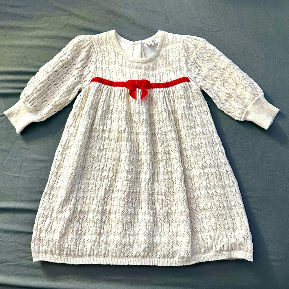 Like New Janie & Jack 18-24 months cream gold dress with red velvet ribbon bow🎀